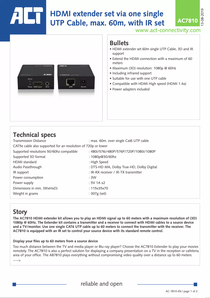 Page 1 de la notice Manuel utilisateur ACT AC7810