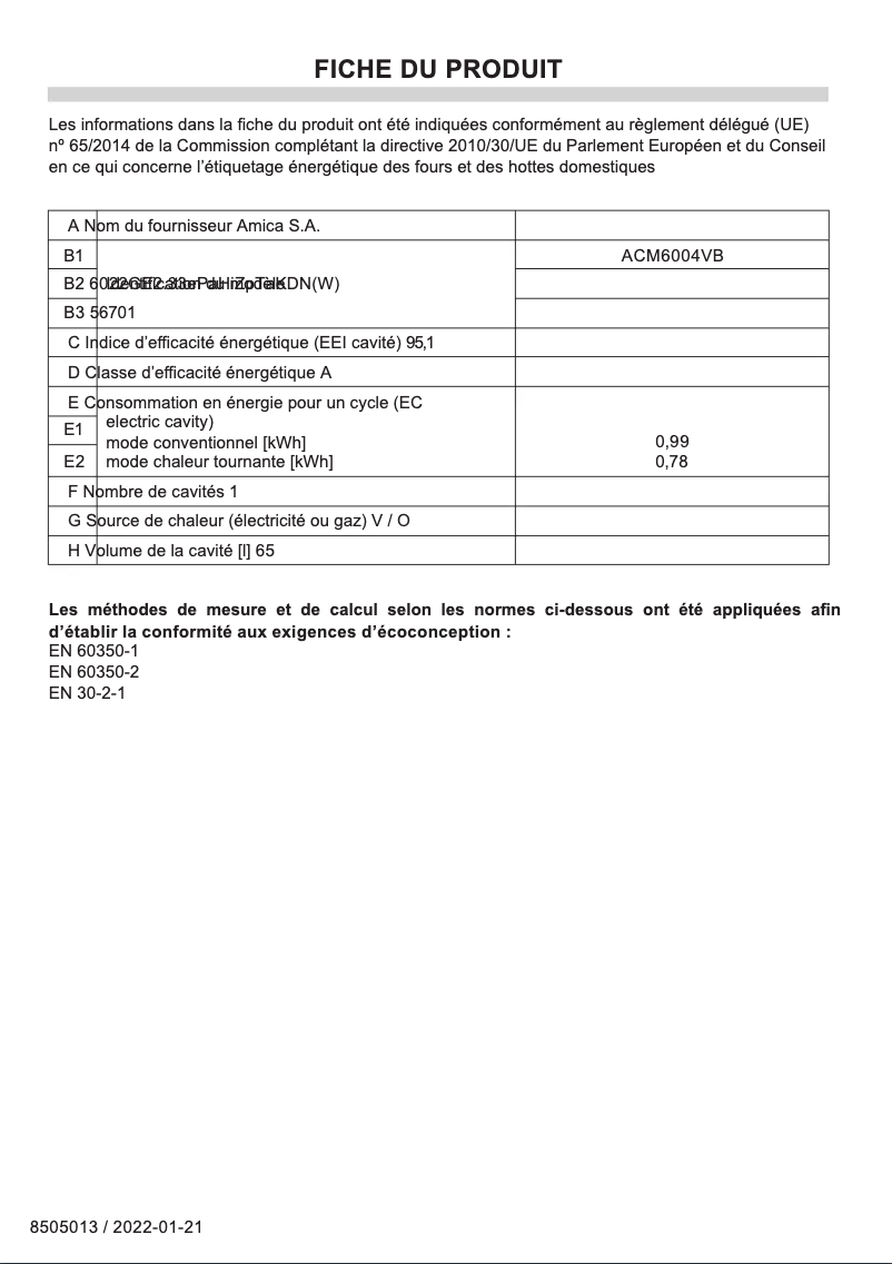 Page 1 de la notice Fiche technique Amica ACM6004VB cooker
