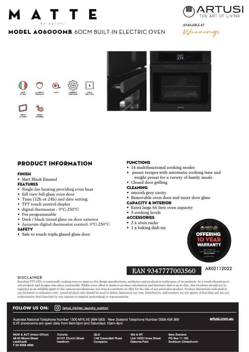 Page 1 de la notice Fiche technique Artusi AO6000MB