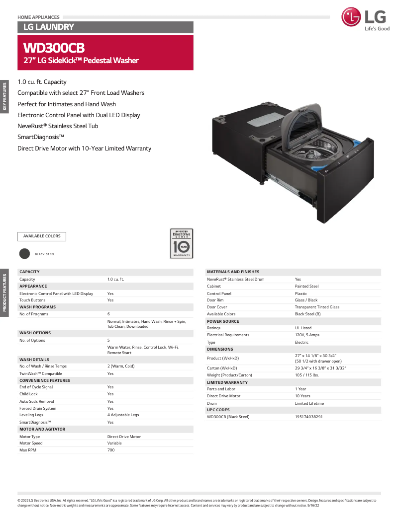 Página 1 del manual Ficha técnica LG WD300CB