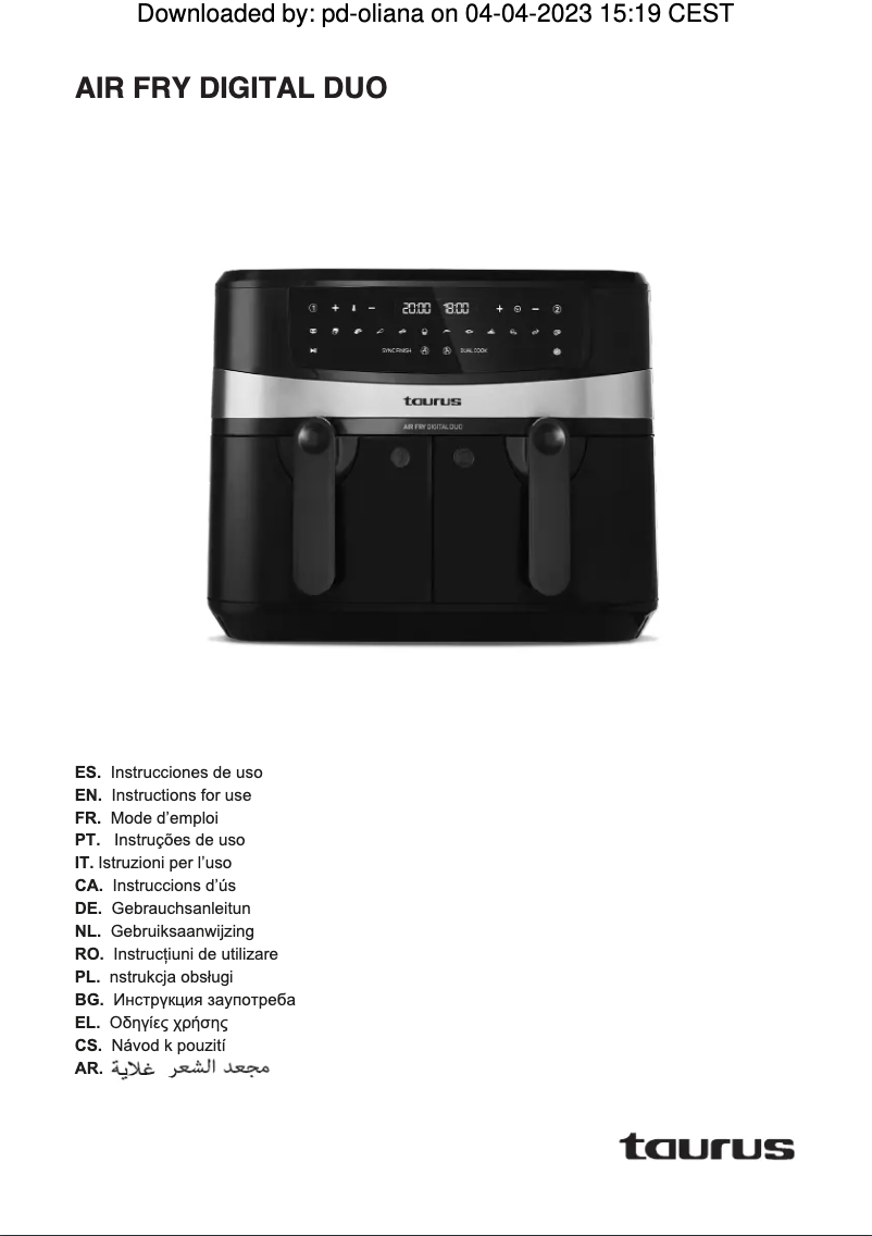 Page 1 de la notice Manuel utilisateur Taurus Air Fry Digital Duo