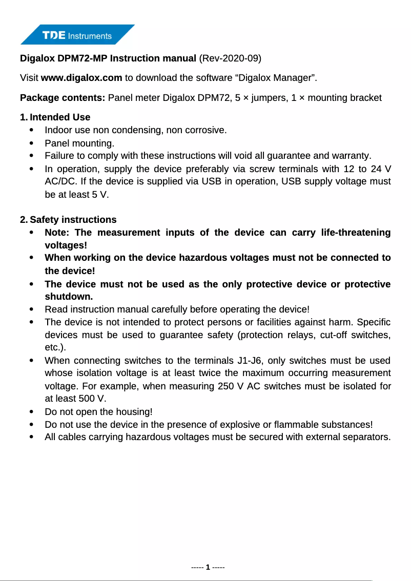 Image de la première page du manuel de l'appareil Digalox DPM72-MP