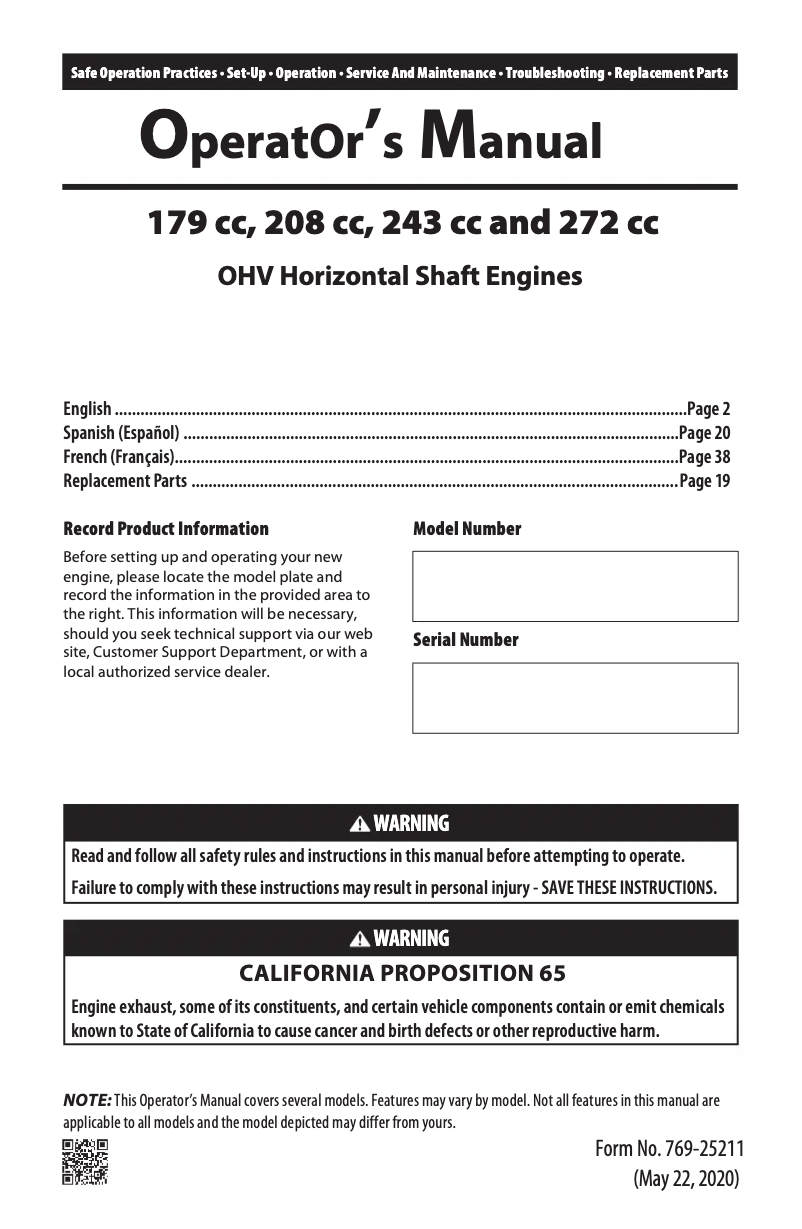 Page 1 de la notice Manuel utilisateur Troy-Bilt Squall 179E
