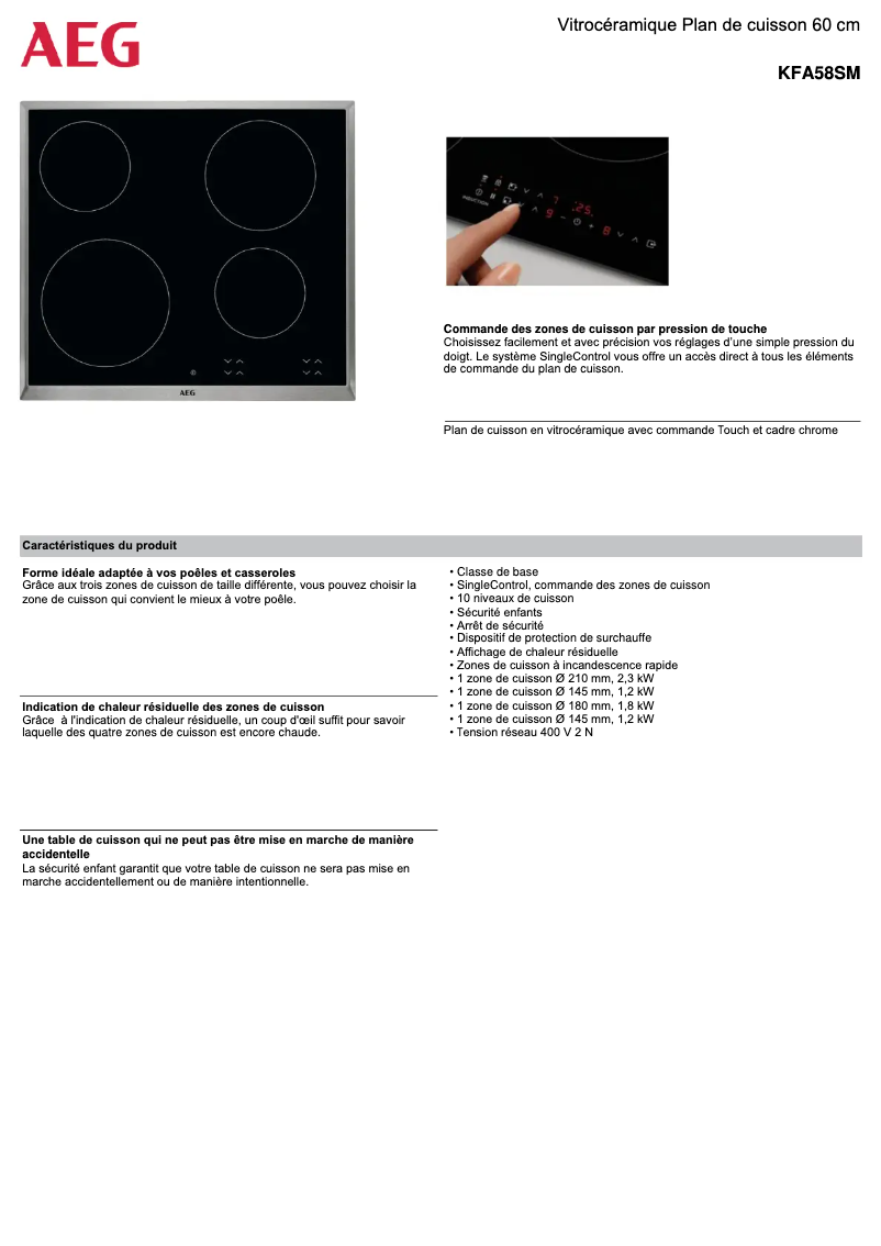 Page 1 de la notice Fiche technique AEG KFA58SM