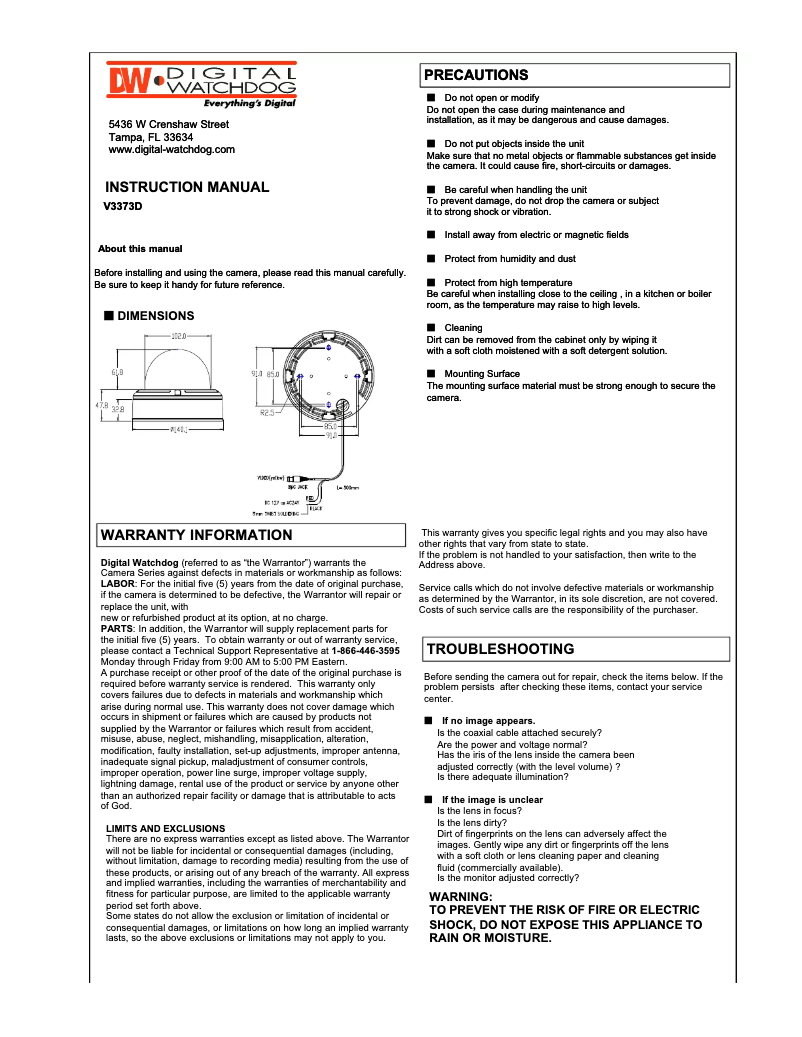 Page 1 de la notice Manuel utilisateur Digital Watchdog Star-Light DWC-V3373D