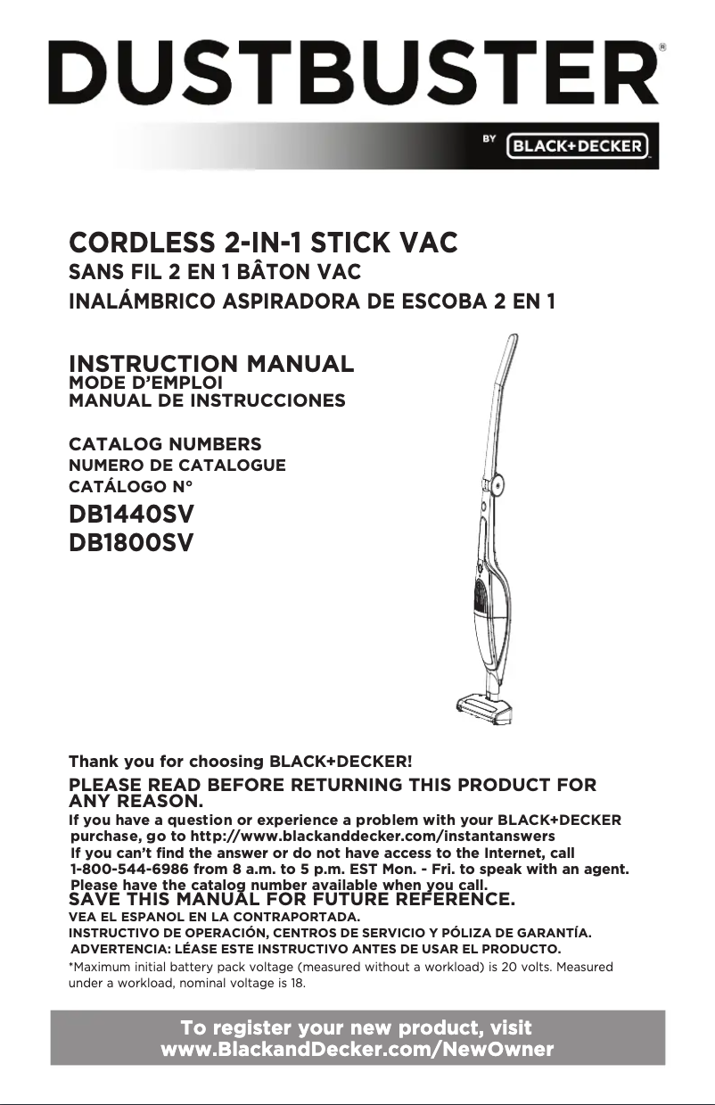Page 1 de la notice Manuel utilisateur Black & Decker Dustbuster DB1440SV