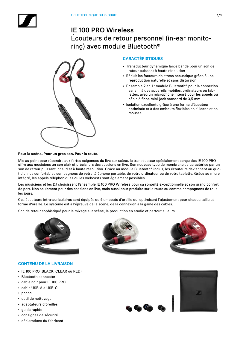 Page 1 de la notice Fiche technique Sennheiser IE 100 PRO Wireless