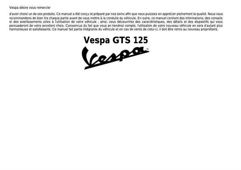 Page 1 de la notice Manuel utilisateur Vespa S 125 GT