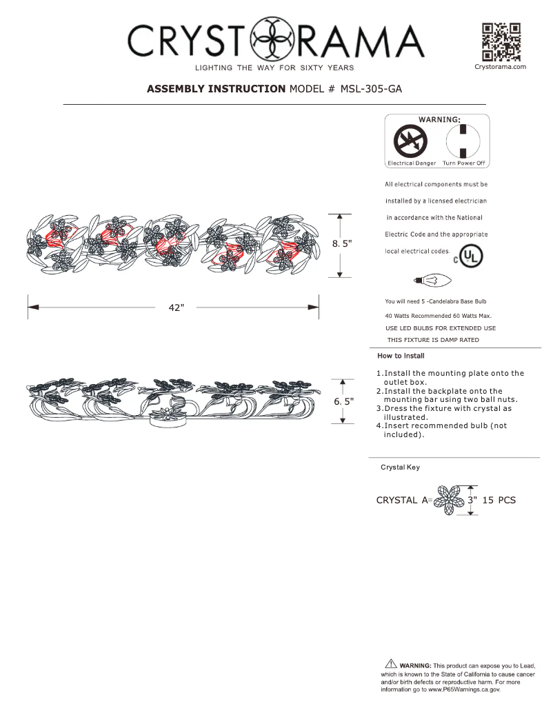 Page 1 de la notice Manuel utilisateur Crystorama Marselle MSL-305-GA