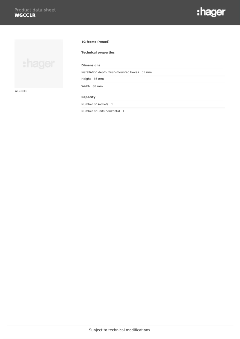 Page 1 de la notice Fiche technique Hager WGCC1R