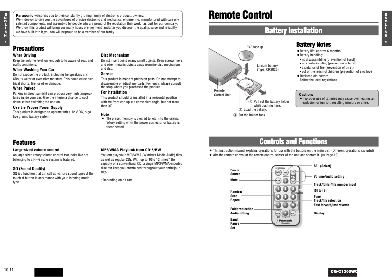 Page 1 de la notice Manuel utilisateur Panasonic CQ-C1300W
