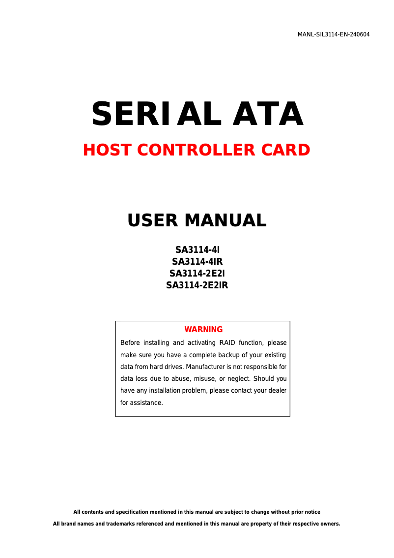 Page 1 de la notice Manuel utilisateur Syba SD-SA2PEX-2IR