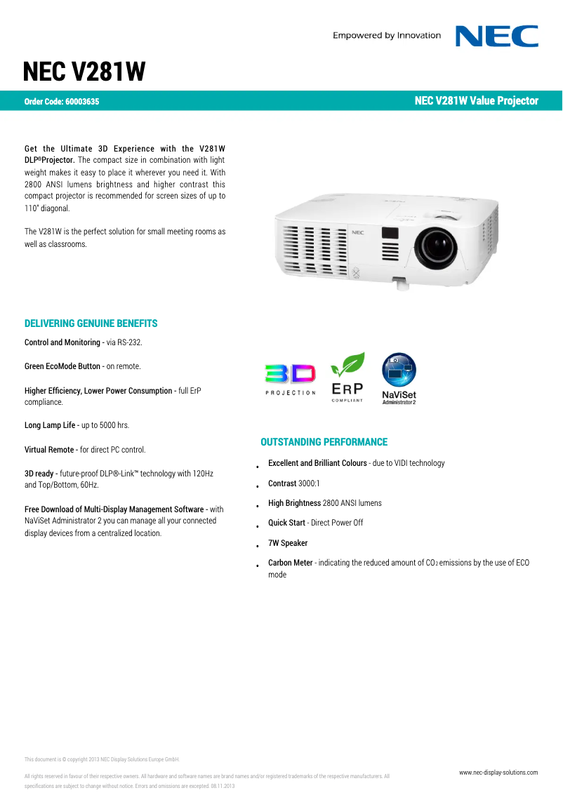 Page 1 de la notice Fiche technique NEC V281W