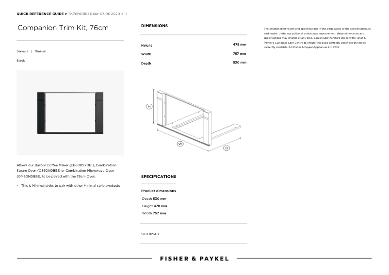 Page 1 de la notice Fiche technique Fisher & Paykel TK76NDBB1