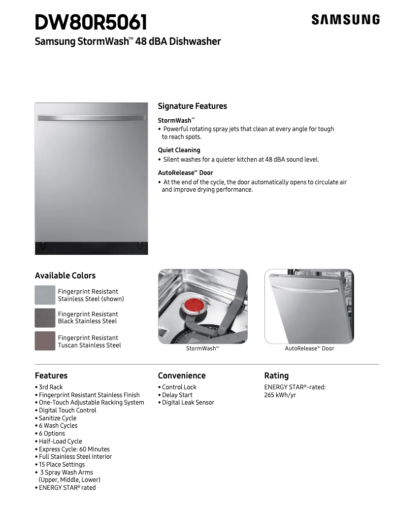 Page n°1 - Fiche technique Samsung DW80R5061UT