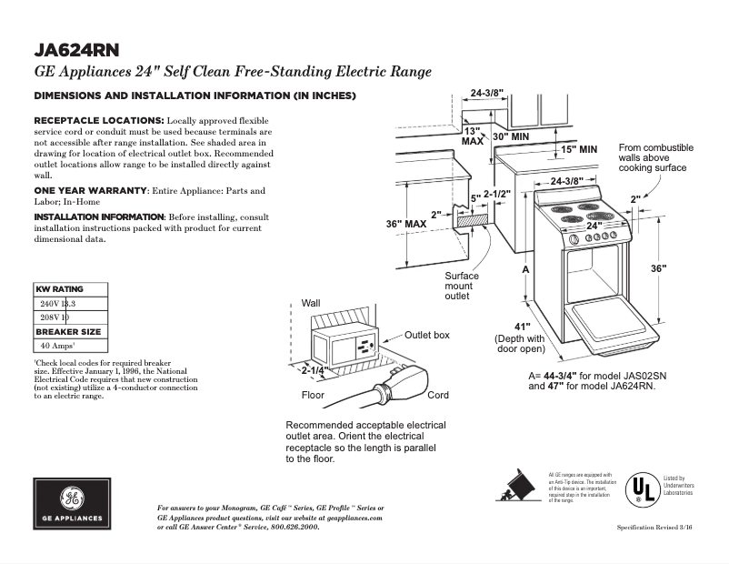 Page 1 de la notice Fiche technique GE JA624RNSS
