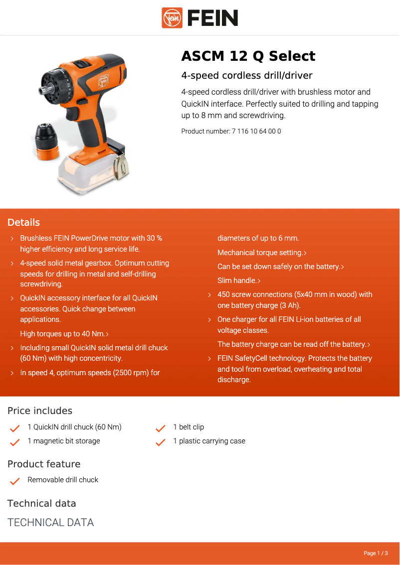 Page n°1 - Fiche technique Fein ASCM 12 Q Select