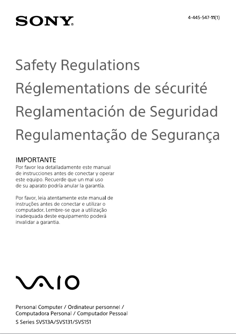 Page 1 de la notice Instructions de sécurité Sony Vaio SVS13122CXS