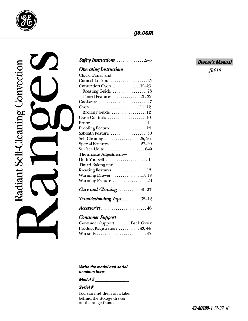 Page n°1 - Manuel d'utilisation et d'entretien GE Profile JB910SKSS