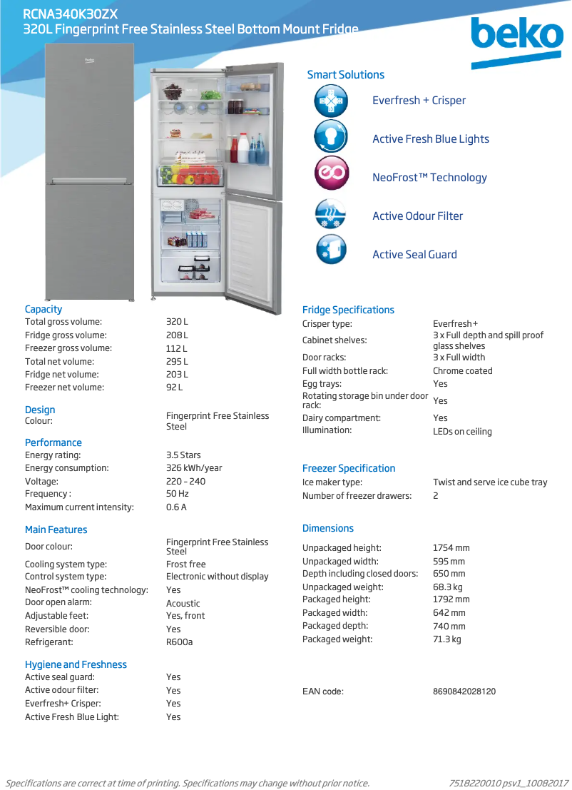 Page 1 de la notice Fiche technique Beko RCNA340K30ZX