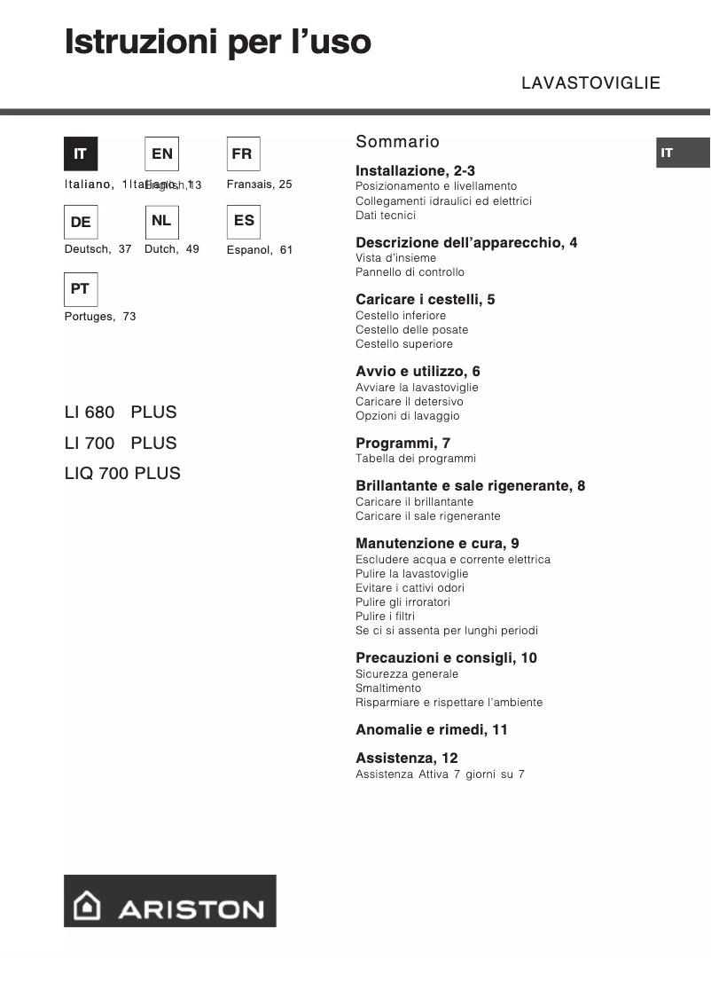 Page 1 de la notice Manuel utilisateur Hotpoint Ariston LIQ 700 Plus