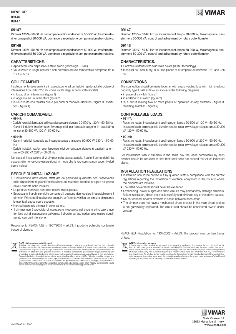 Page 1 de la notice Manuel utilisateur Vimar 09147