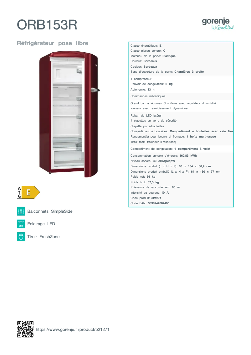 Page 1 de la notice Fiche technique Gorenje ORB153R