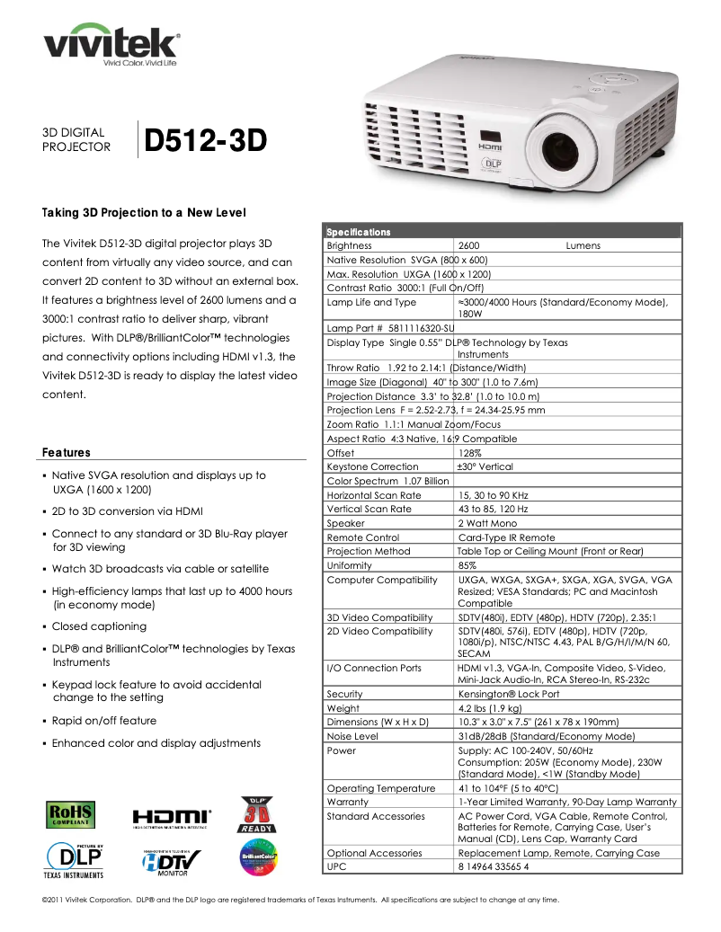 Page 1 de la notice Fiche technique Vivitek D512-3D