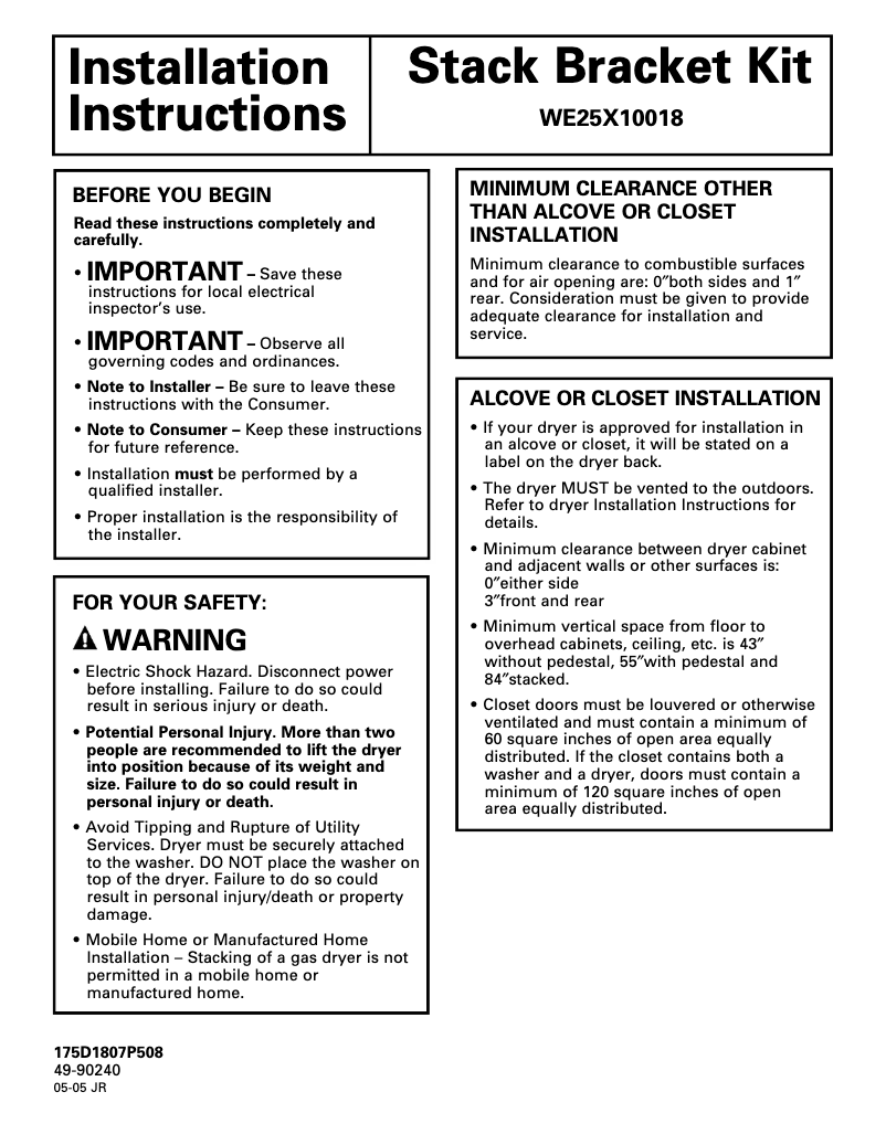 Page n°1 - Guide d'installation GE DBVH512GFWW