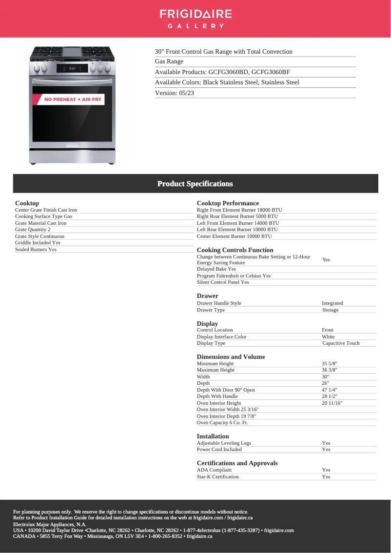 Page 1 de la notice Fiche technique Frigidaire GCFG3060BD