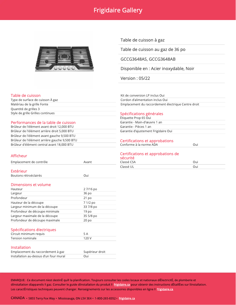 Page 1 de la notice Fiche technique Frigidaire GCCG3648AS