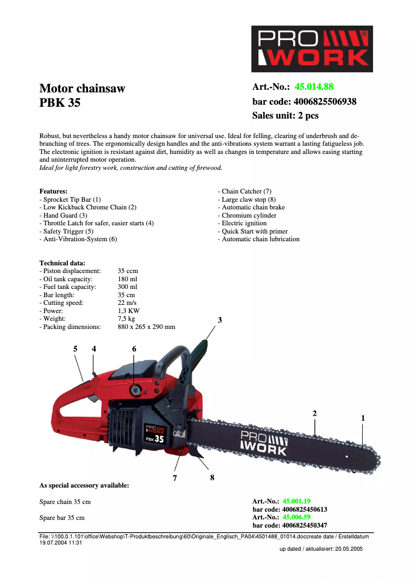 Page n°1 - Fiche technique Prowork PBK 35