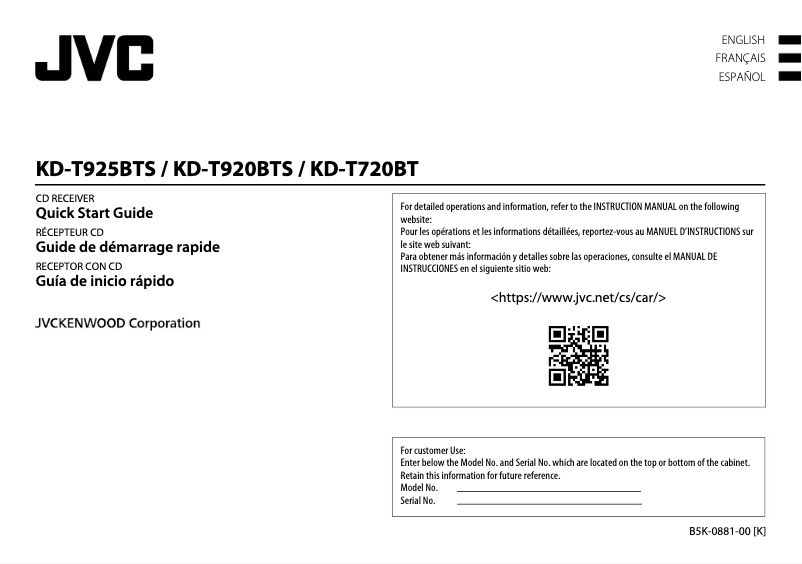Page 1 de la notice Guide de démarrage rapide JVC KD-T925BTS
