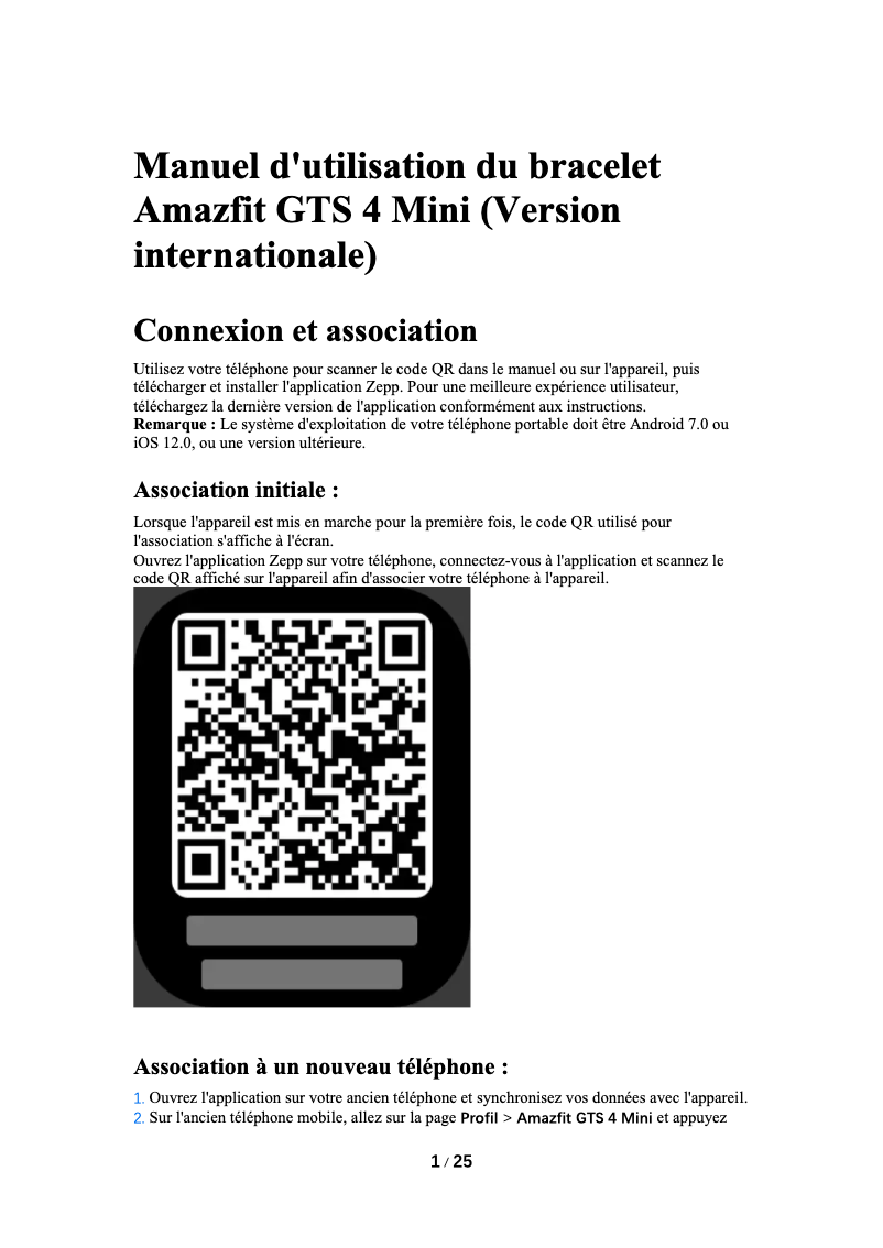 Page 1 de la notice Manuel utilisateur Amazfit GTS 4 Mini
