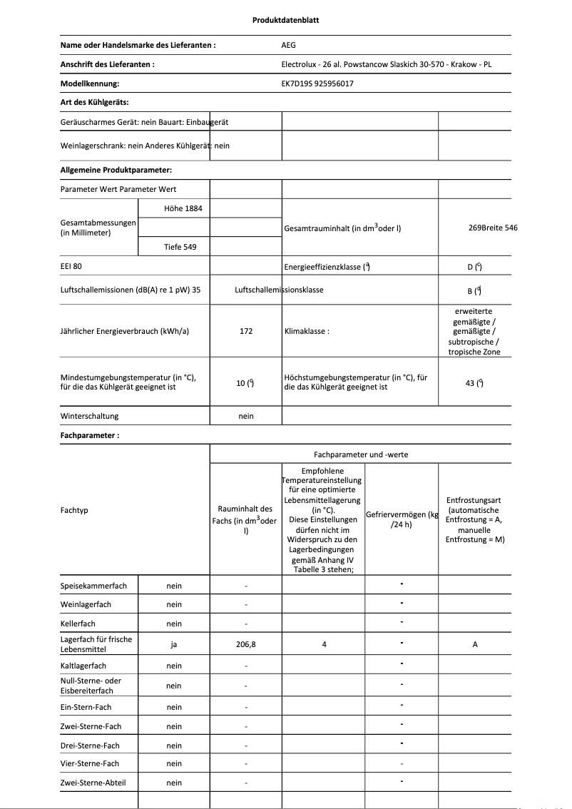 Page n°1 - Fiche technique AEG EK7D19S