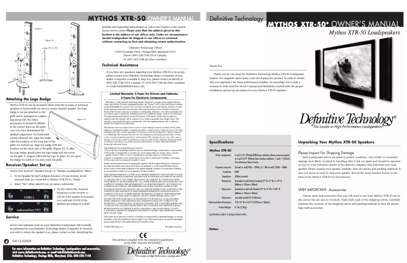 Página 1 del manual Manual de usuario Definitive Technology Mythos XTR-50