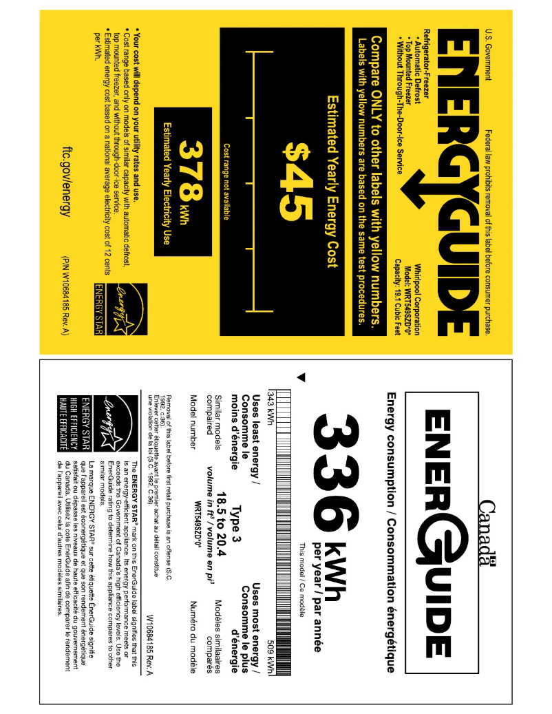 Page 1 de la notice Label énergétique Whirlpool WRT549SZDW