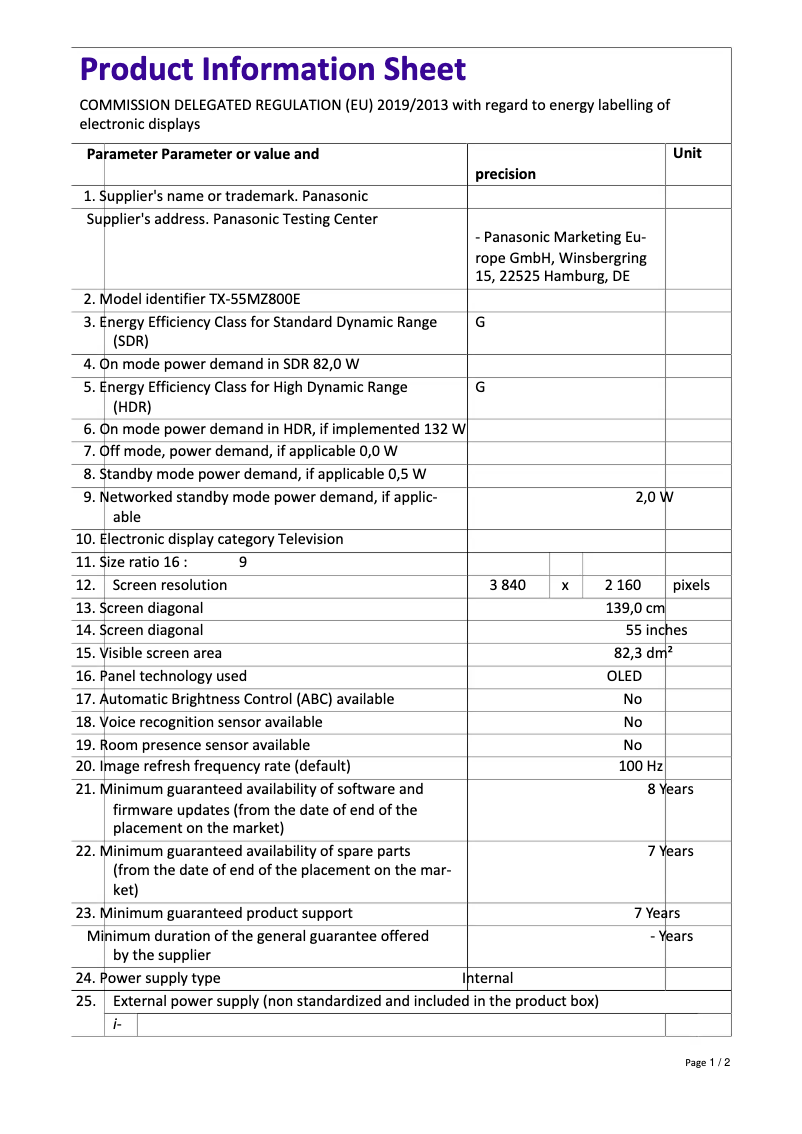 Página 1 del manual Ficha técnica Panasonic TX-55MZ800E