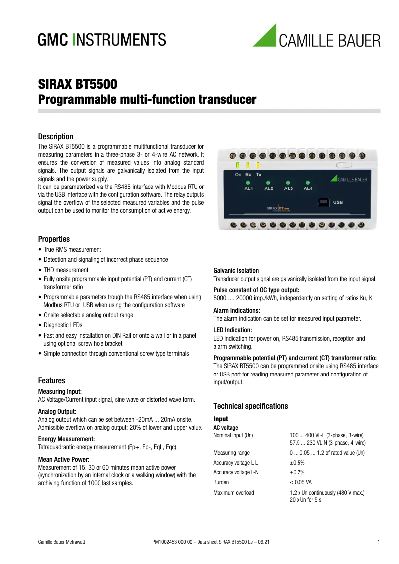 Página 1 del manual Ficha técnica Camille Bauer SIRAX BT5500