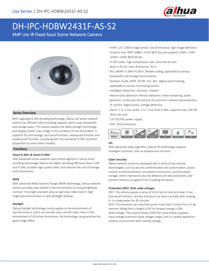 Page 1 de la notice Fiche technique Dahua Technology IPC-HDBW2431F-AS-S2