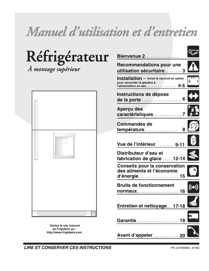 Page n°1 - Manuel utilisateur Frigidaire GLRT188WDB