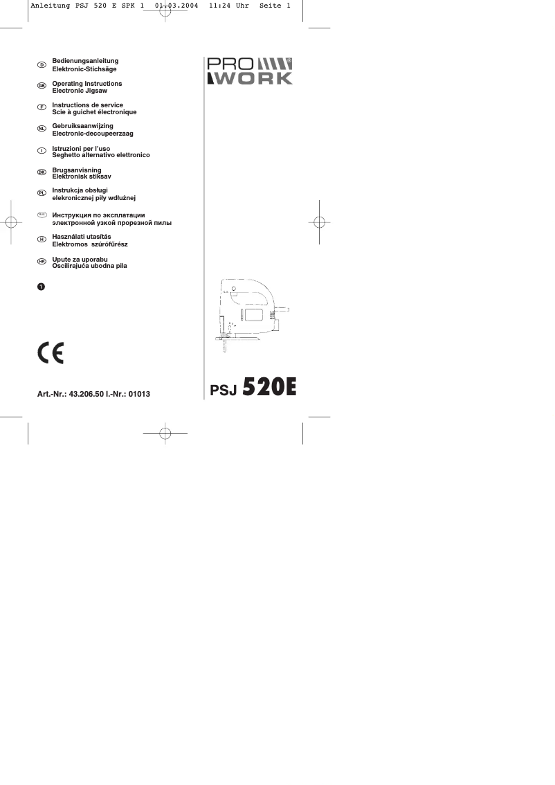 Page n°1 - Manuel utilisateur Prowork PSJ 520 E