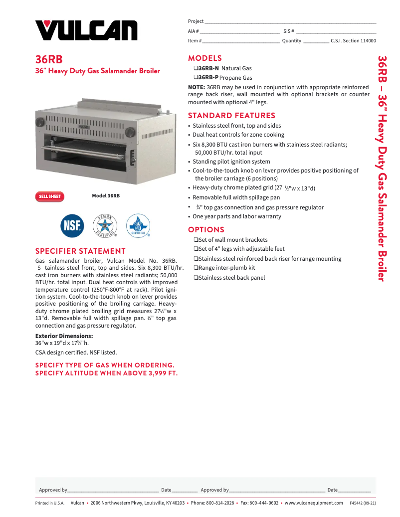 Page 1 de la notice Fiche technique Vulcan 36RB