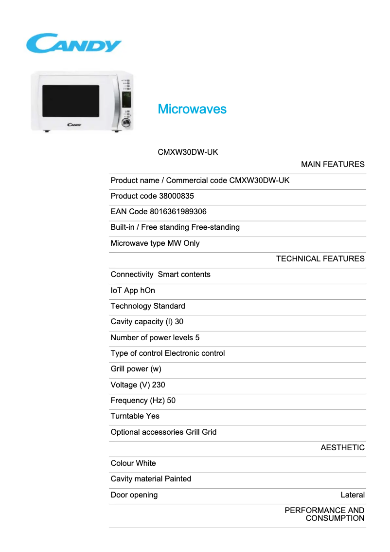 Page 1 de la notice Fiche technique Candy CMXW30DW-UK