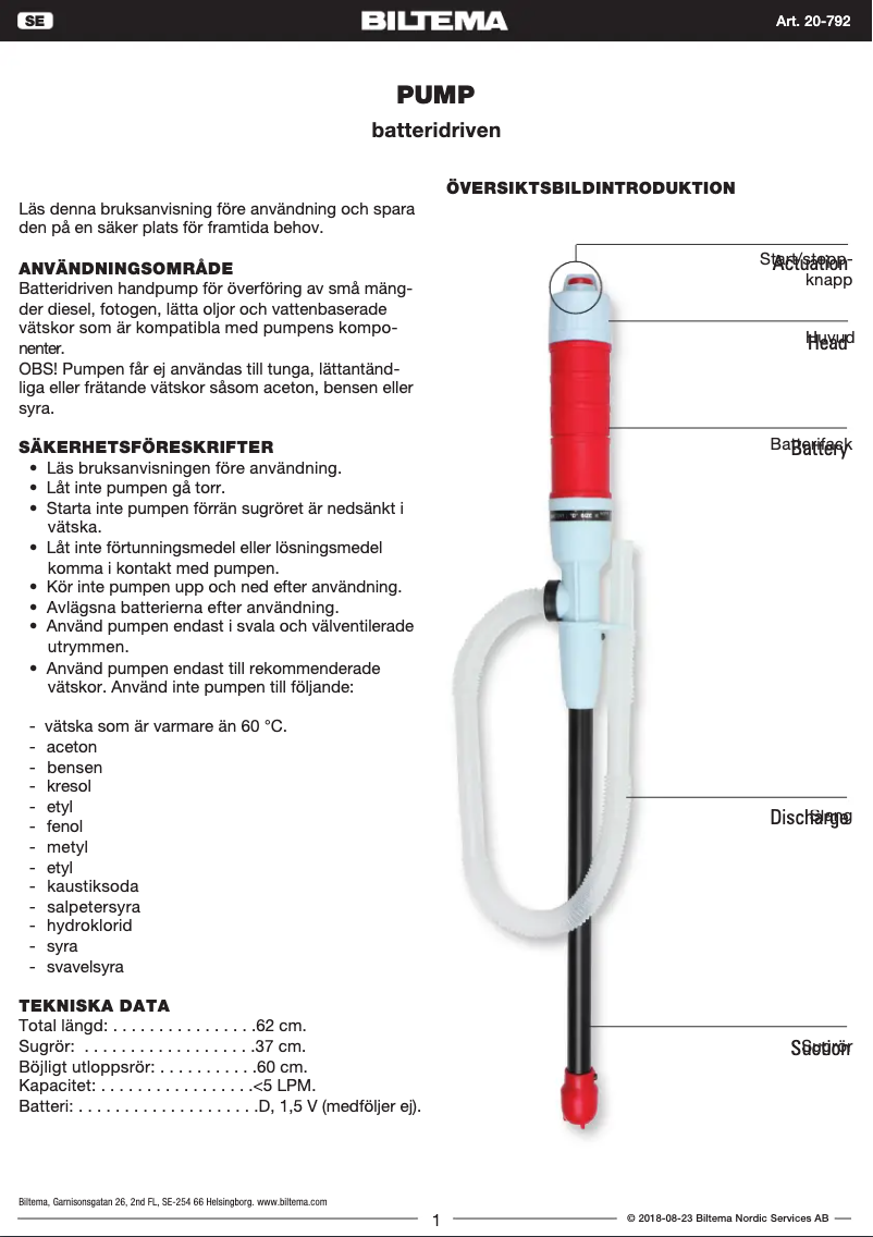 Page 1 de la notice Manuel utilisateur Biltema 20-792