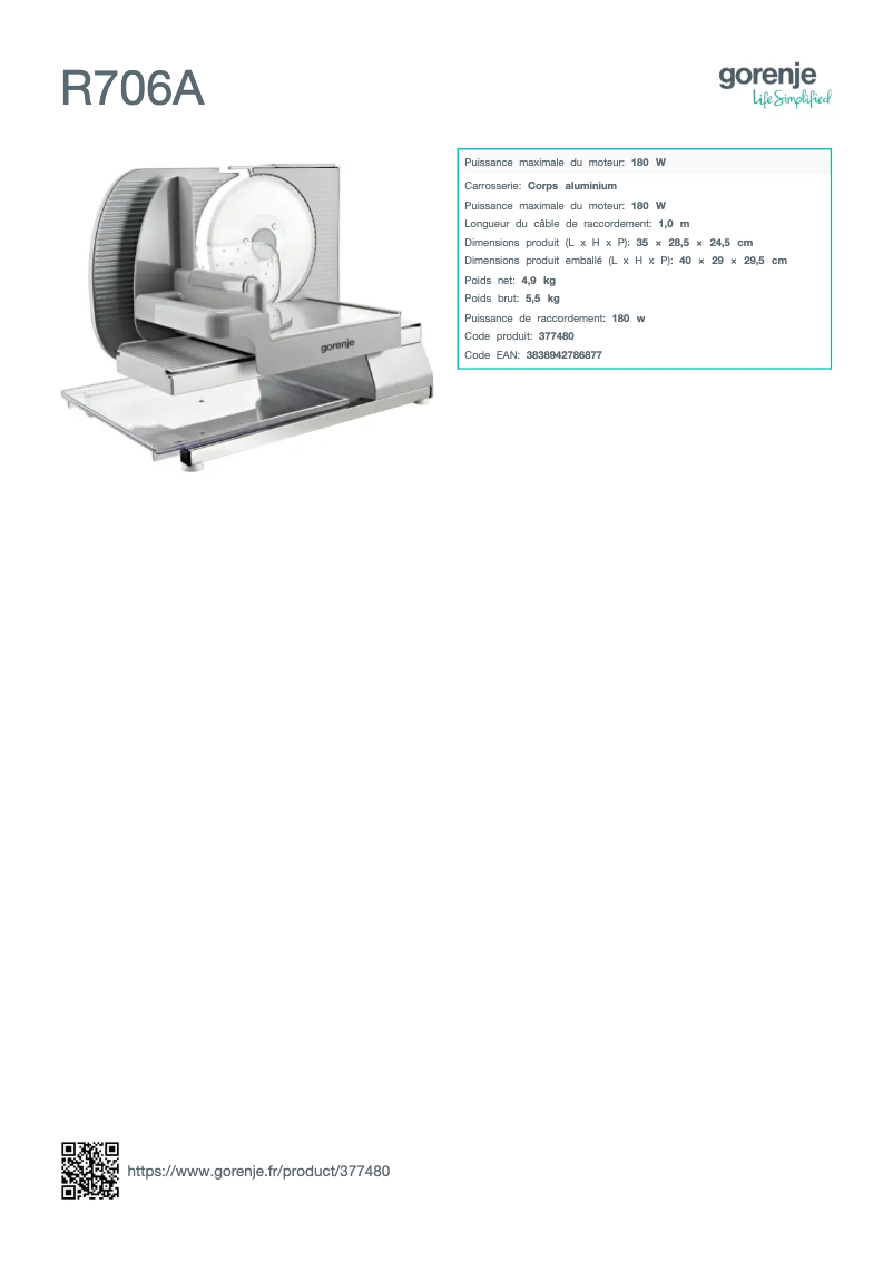 Page n°1 - Fiche technique Gorenje R706A