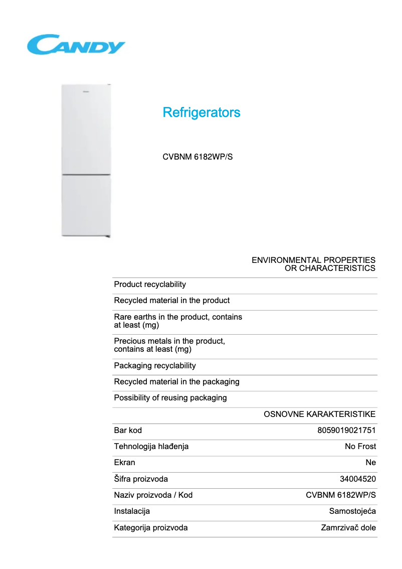 Page n°1 - Fiche technique Candy CVBNM 6182WP/S