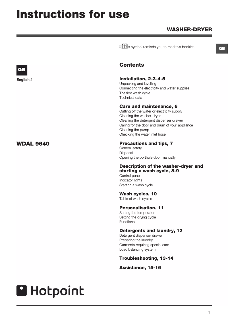 Image de la première page du manuel de l'appareil WDAL9640G