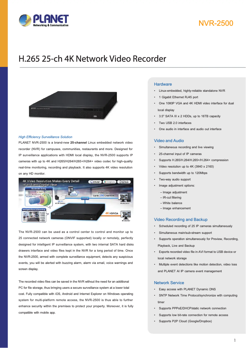 Page 1 de la notice Fiche technique Planet NVR-2500