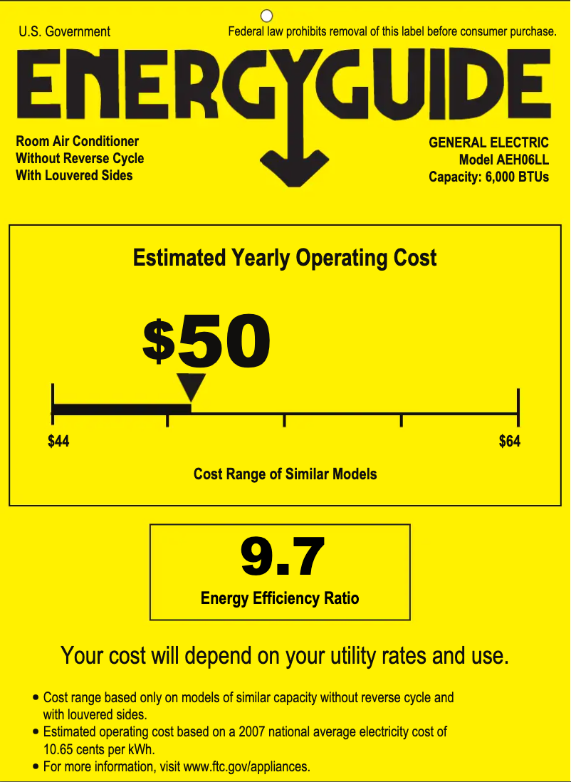 Page 1 de la notice Label énergétique GE AEH06LL
